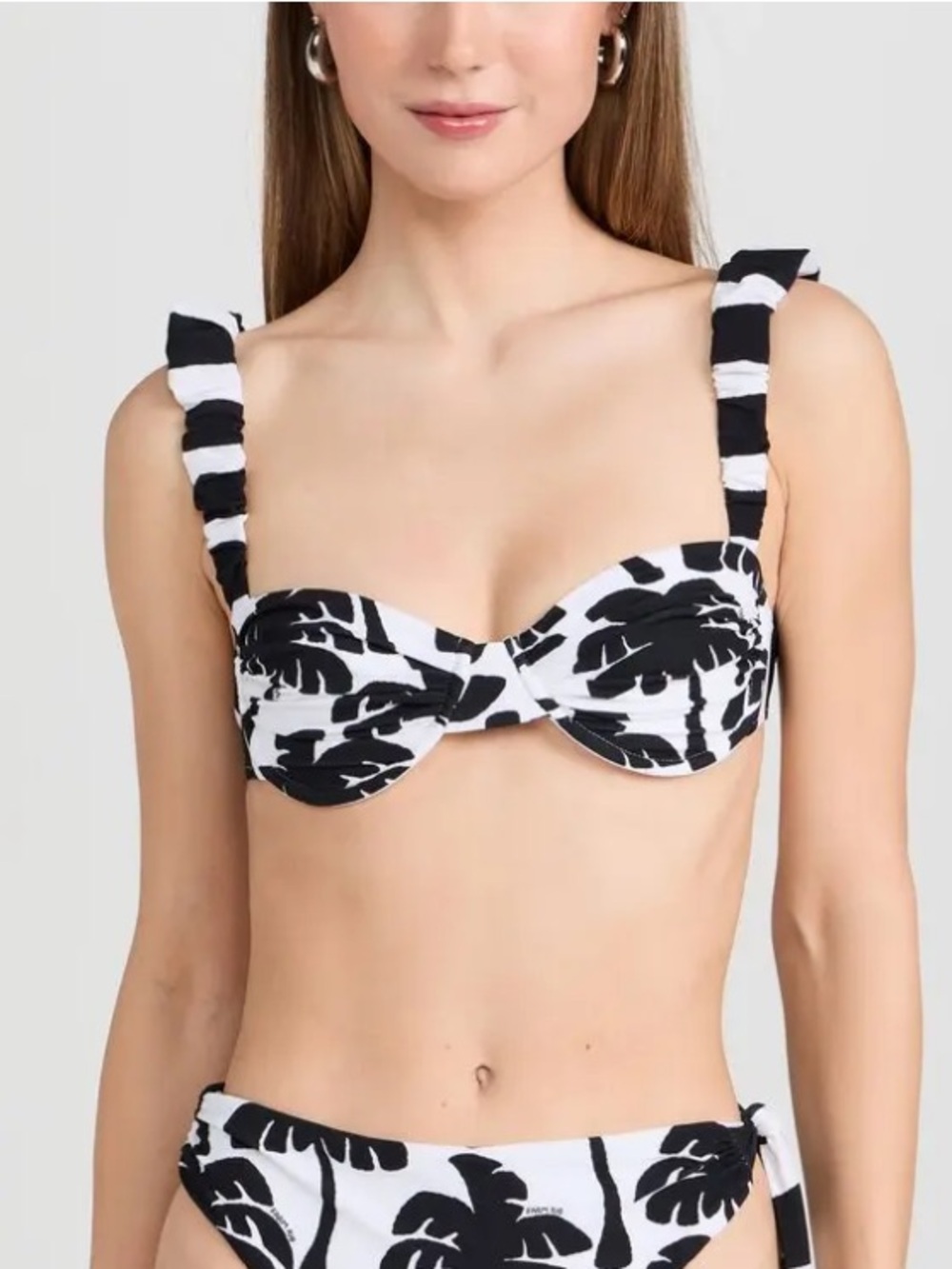 🌻NEW w/tag FARM Rio Coconut Bra Bikini Top Black White Leaf Print Ruffle Straps